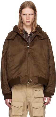 Insulated faux-suede bomber jacket. · Drawstring at detachable hood · Rib knit stand collar, hem, and cuffs · Two-way zip closure with press-stud placket · Welt pockets · Dropped shoulders · Zip vent at sleeves · Welt pockets at interior · Full satin lining · Logo-engraved brown hardware Supplier color: Brown Brown Winter Outerwear With Zip Cuffs, Hooded Outerwear With Zip Cuffs For Fall, Detachable Hood, Engineered Garments, Press Studs, Welt Pockets, Stand Collar, Faux Suede, Apparel Accessories