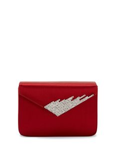 bordeaux red satin finish crystal embellishment detachable chain-link shoulder strap foldover top with magnetic fastening main compartment full lining Dior Clutch, Satin Clutch, Red Clutch, Designer Clutch, Dolce E Gabbana, Red Satin, Crystal Embellishment, Clutch Purse, Giuseppe Zanotti