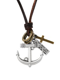 PRICES MAY VARY. NAUTICAL AND SPIRITUAL ENSEMBLE: This eclectic boho necklace combines maritime and spiritual motifs, featuring a prominent anchor, a classic cross, and a ring with an engraved message, creating a symbolic blend of guidance, hope, and faith. LAYERED CHARM DESIGN: Multiple charms dangle artfully from the leather loop, offering a layered look that is both casual and meaningful, and pairs well with a variety of outfits. GENUINE LEATHER CORD: The charms are strung on a genuine leathe Bohemian Jewelry Gift, Eclectic Boho, Metal Tag, Boho Eclectic, Metal Tags, Nautical Anchor, Inspirational Message, Leather Necklace, Layered Look