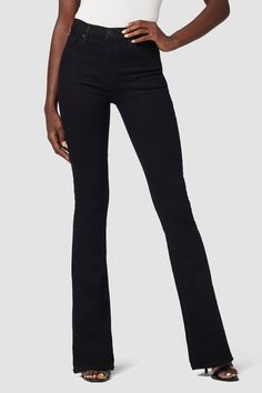 DescriptionStreamlined and flattering, our Barbara High-Rise Bootcut Jean in Black is cut for a slim, contoured fit with an elevated waistline and a gently flared leg. Made from Italian stretch denim designed to smooth, sculp, and hold its shape, it’s the pair your collection is missing.This style is part of our growing range of lower impact fits made with eco-friendly materials, including GOTS-certified organic cotton, GRS-certified recycled elastane, and SCS-certified recycled polyester.Produc Black Bootcut Jeans, High Rise Bootcut Jeans, Bootcut Jean, Denim Branding, Denim Design, Italian Fabric, Hudson Jeans, High Waisted Denim, Winter Style