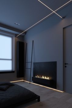 an empty bedroom with a fireplace in the corner