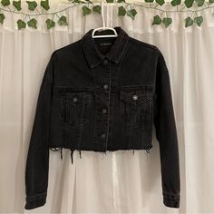 Brand: Shein Size: Small Color: Black Distressed Black Denim Cropped Jacket. Has A Boxy, Oversized Look. Can Fit A Small-Medium, Possibly Large, It Is Very Big On Me. Model Pictures Are From The Website. No Tags But Brand New, Never Worn!! For Reference I Am 5ft, Usually Size Xs-S In All Clothing, And My Waist Is About 26-27 Inches. Black Cotton Cropped Jacket For Spring, Trendy Black Denim Jacket, Black Washed Denim Jacket For Spring, Ripped Grunge Outerwear For Fall, Black Cropped Casual Outerwear, Casual Black Cropped Outerwear, Black Cotton Cropped Jacket For Fall, Trendy Distressed Black Outerwear, Grunge Denim Jacket With Frayed Hem For Fall