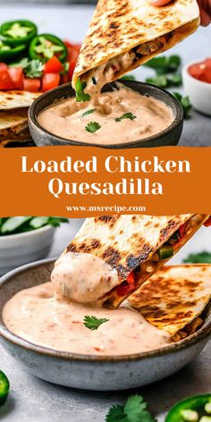 Stuffed with spicy chicken, sautéed veggies, and melted cheese, this loaded quesadilla will leave you craving more. Quesadilla With Canned Chicken, Buffalo Quesadilla, Chicken Quesadilla Recipe Easy, Loaded Quesadilla, Shredded Chicken Quesadillas, Loaded Chicken