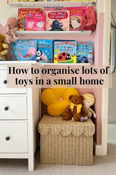 a shelf with books and toys in it