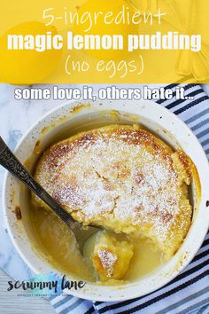 a bowl filled with lemon pudding on top of a table