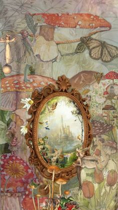 an ornate mirror is on the wall in front of mushrooms and flowers, with a fairy scene