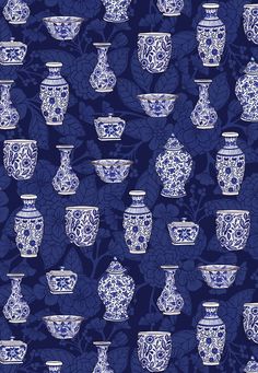 many blue and white vases are on a dark blue background with floral designs around them