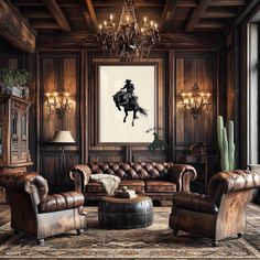 a living room with leather furniture and chandelier