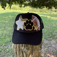 ❤️ Material: 100 % Polyester Hat Unique Patches ❤️Size: One Size Adult Hat  It is SnapBack so it is adjustable from 20"-23.5" ❤️Mesh Back ❤️This custom trucker is the perfect unique gift! ❤️ Free shipping on orders over $35.00 ❤️All orders include tracking Brown Hats For Baseball Season Sports Events, Snapback Hats With Letter Patch For Fans, Game Day Hat For Baseball Season, Flat Brim Hat With Letter Patch For Sports Events, Snapback Hat With Letter Patch For Game Day, Baseball Season Hat With Letter Patch, Baseball Season Cap With Letter Patch, Game Day Snapback Hat With Letter Patch, Collegiate Style Hats For Baseball Season