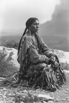 an old black and white photo of a native american woman sitting on the ground with her legs crossed