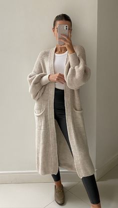 Trendy Cream Cardigan For Fall, Long Beige Fitted Sweater, Fitted Long Beige Sweater, Beige Long Fitted Sweater, Beige Fitted Long Sweater, Chic Cream Sweater Coat For Fall, Taupe Cozy Cardigan For Spring, Cozy Taupe Cardigan For Spring, Cozy Taupe Spring Cardigan