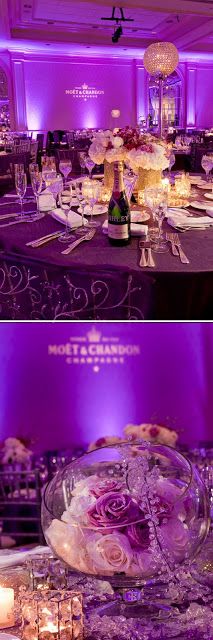 two pictures of tables with purple lighting in the background and on the table there is a large glass platter