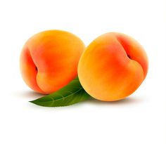 two apricots with leaves on a white background