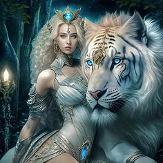 a white tiger and a woman with blue eyes