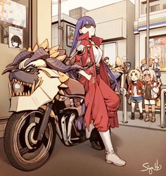 an anime character is standing next to a motorcycle