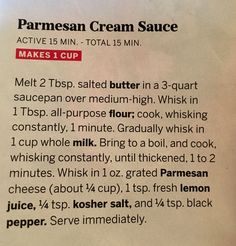 a recipe for making cream sauce on a piece of paper