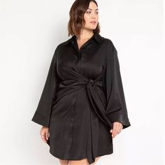 Nwt Eloquii Black Satin Shirt Dress Size 28 New With Tags Black Satin Shirt, Dresses Materials, Eloquii Dress, Long Sleeve Ruffle Dress, Satin Shirt Dress, Black Linen Dress, Green Velvet Dress, Date Night In, Floral Sheath Dress