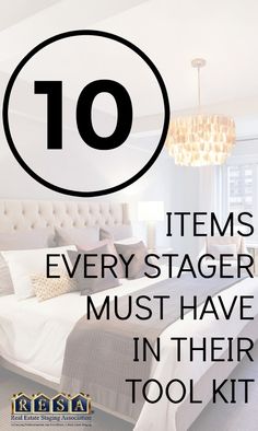 a bedroom with the text 10 items every stager must have in their tool kit