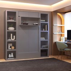 a room with a desk, chair and bookcases in the middle of it