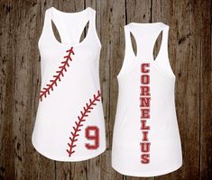 two white tank tops with red stitching and baseball stitches on the front, one is for cornels