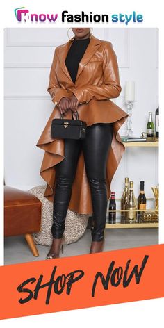 Brown Fashion Casual Solid With Belt Asymmetrical Turndown Collar Outerwear Long Denim Coat, Fashion Mark, Asymmetrical Coat, Long Outerwear, Elegant Jacket, Fall Attire, Faux Leather Coat, Pu Leather Jacket