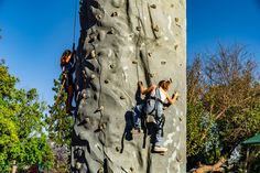 two people climbing up the side of a large rock wall in an amusement park setting