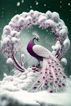 a painting of a peacock in the snow