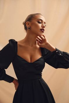 Viclans Satin Black Dress with Corset Effect and Pleated Skirt | VICLAN Black Dress With Corset, Satin Black Dress, Dress With Corset, Satin Long Sleeve, Black Satin Dress, Fabric Structure, Model Height, Pleated Skirt, Black Dress