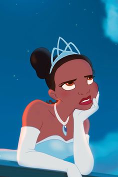 an animated image of a woman wearing a tiara and sitting on a ledge with her hand near her face