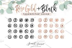 the rose gold and black typewriter icons are displayed on a white background with eucalyptus leaves