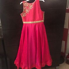 Indian Girls Silk Gown. Never Worn Festive Sleeveless Princess Dress For Wedding, Sleeveless Princess Dress For Wedding And Festive Occasions, Festive Sleeveless Wedding Princess Dress, Pink Anarkali Sleeveless Dress, Festive Pink Dress-up Dresses, Red Sleeveless Princess Gown, Festive Pink Princess Dress For Wedding, Festive Pink Princess Dress, Festive Pink Princess Wedding Dress