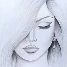 a drawing of a woman's face with long hair and earrings on her ear