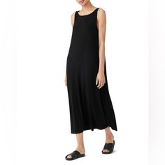 Eileen Fisher Sleeveless Midi Dress Size Large Black Loose Flowy Fit Hem Is Slightly Longer In The Back New Without Tags Casual Black Sleeveless Dress For Daywear, Sleeveless Black Midi Beach Dress, Sleeveless Black Midi Dress For Daywear, Sleeveless Black Midi Dress For Beach, Black Sleeveless Midi Dress For Daywear, Black Sleeveless Dress For Daywear, Chic Black Sleeveless Dress For Daywear, Sleeveless Black Daywear Dress, Black Sleeveless Daywear Dress