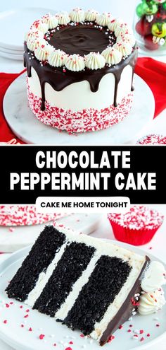 chocolate peppermint cake with white frosting and red sprinkles on top