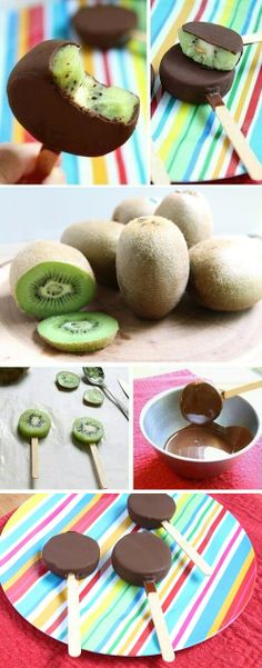 some kiwis and ice cream are being made into popsicles with chocolate on them