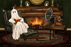 a painting of a ghost reading a book in front of a fireplace with a fan