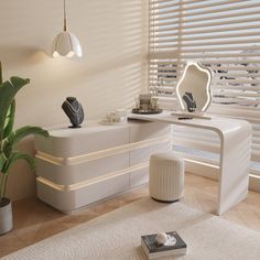 a bathroom with a sink, mirror and plant in it on the floor next to a window