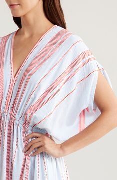 Hand spun and woven in Ethiopia, this cotton-blend cover-up will be your constant companion at the beach or pool. 51" length (size Medium) Deep V-Neck Short sleeves 95% cotton, 5% acrylic Dry clean Made in Ethiopia Black Owned/Founded Striped Kaftan For Summer Beach Cover-up, Woven Summer Beach Dress, Woven Beach Dress For Summer, Woven Beach Dresses For Summer, Striped Kaftan For Spring Vacation, Spring Striped Kaftan For Beach Cover-up, Bohemian Striped Kaftan For Summer, Striped Kaftan For Summer Vacation, Summer Striped Tunic Kaftan