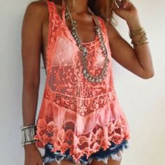 Darling Bohemian Crochet Lace Racerback Tank Top Swim Cover Up + Cotton Blend + Fits True To Size + Model Is 5'8" Tall And Wearing A Size Small + Brand New With Tags! Chic Lace Top For Beach, Chic Lace Top For The Beach, Pink Lace Tank Top For Summer, Beach Lace Patchwork Top, Summer Lace Top With Lace Work, Bohemian Stretch Tank Top For Beach, Summer Beach Lace Top With Lace Trim, Casual Lace Tank Top With Patchwork, Lace Top Tank For Summer