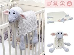 a crocheted sheep is hanging from the side of a crib next to two stuffed lambs