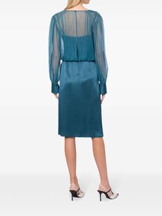 Alberta Ferretti sheer-overlay Midi Dress - Farfetch Sheer Silk Midi Dress For Formal Occasions, Formal Sheer Silk Midi Dress, Spring Silk Midi Dress With Sheer Sleeves, Silk Midi Dress With Pleated Sleeves For Fall, Fitted Silk Midi Dress With Sheer Details, Sheer Silk Long Sleeve Dress, Knee-length Silk Midi Dress With Pleated Sleeves, Knee-length Silk Midi Dress With Gathered Sleeves, Elegant Blue Sheer Midi Dress