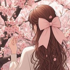 a girl with long brown hair wearing a pink bow standing in front of cherry blossom trees