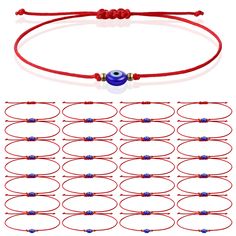 a red string bracelet with blue beads and two rows of circles on each side, along with an evil eye bead