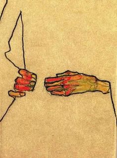 two hands touching each other with red and yellow paint on their fingers, in front of a beige background