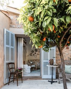 an orange tree in front of a house with shutters open to reveal the patio