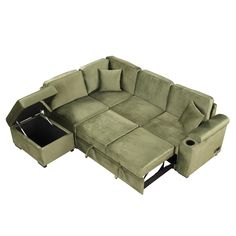 a green couch with two recliners on it