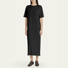 THE ROW "Gitu" T-shirt dress Round neckline Short sleeves Shift silhouette Full length Slipover style Viscose/polyester Made in Italy Summer Dress With Side Slits And Crew Neck, Summer Dresses With Side Slits And Crew Neck, Elegant Crew Neck Daywear Dress, Elegant Crew Neck Dress For Daywear, Short Sleeve Maxi Dress With Side Slits For Daywear, Bergdorf Goodman, T Shirt Dress, Round Neckline, The Row