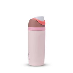 thermos insulated travel mug is pink and brown with an orange cap on it