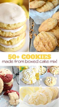 cookies made from boxed cake mix and frosted with white icing, are shown in this collage