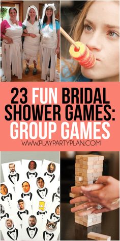 some people are playing games on the floor and in front of them is an image with text that reads 23 fun bridal shower games group games